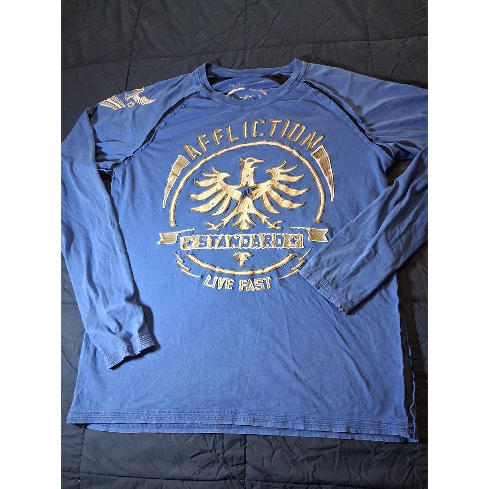 Affliction Standard Live Fast Mens XL Blue Long Sleeve Graphic Embroidered Shirt